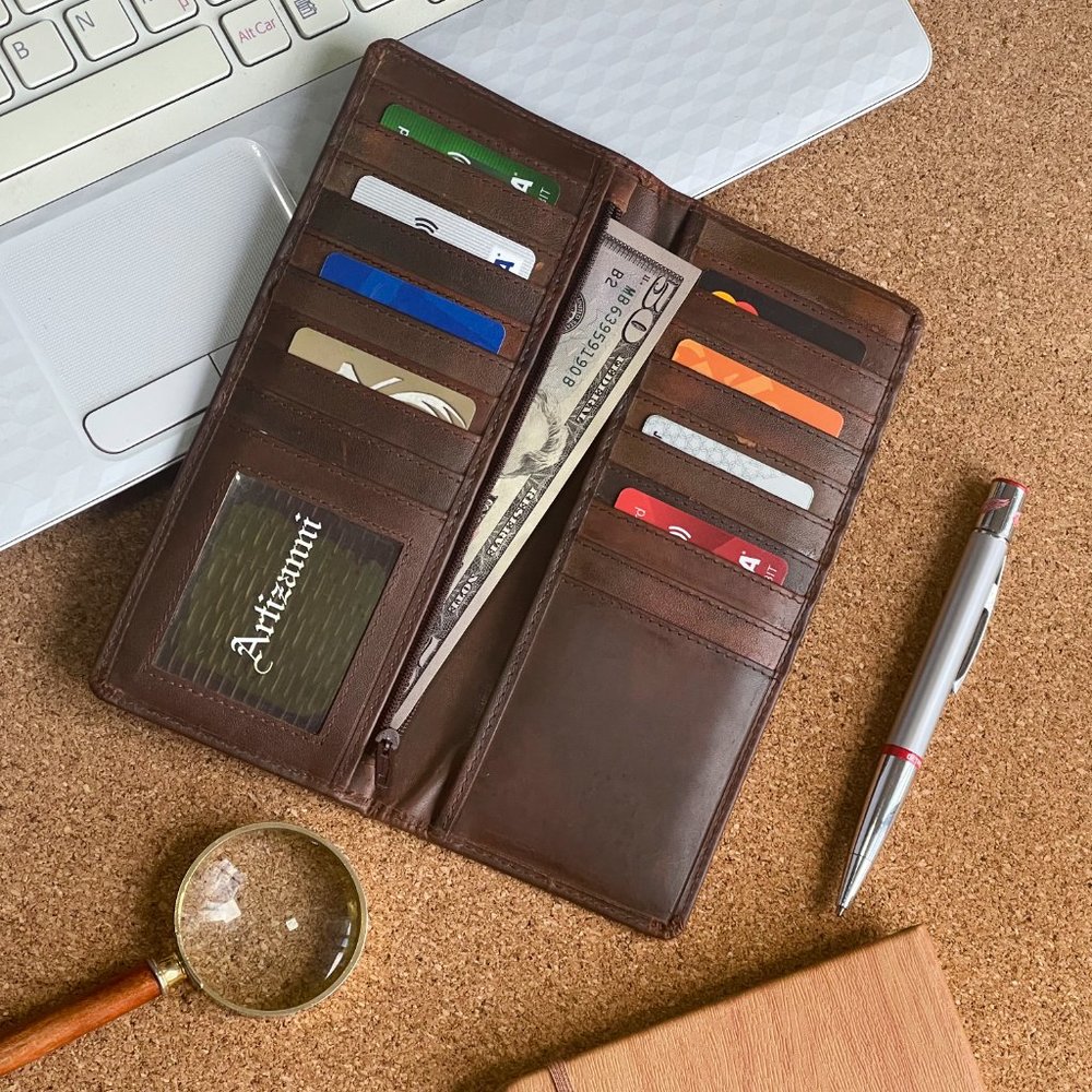 Slim Men's Tall Full Grain Leather Long-Wallet Bifold Vintage Wallet Coffee